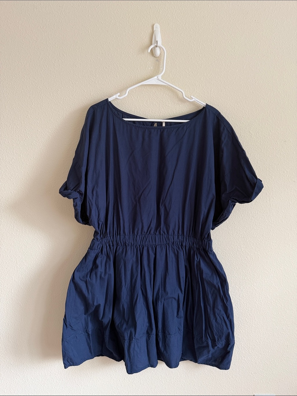 Free People Navy Blue Short Sleeve Elastic Waist Mini Dress
